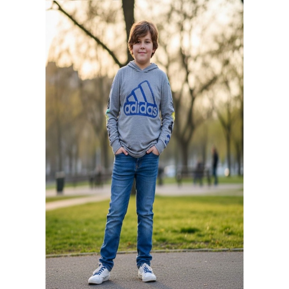Adidas Boys Heather Gray Long Sleeve Graphic Hoodie Tee Shirt Blue Logo Large